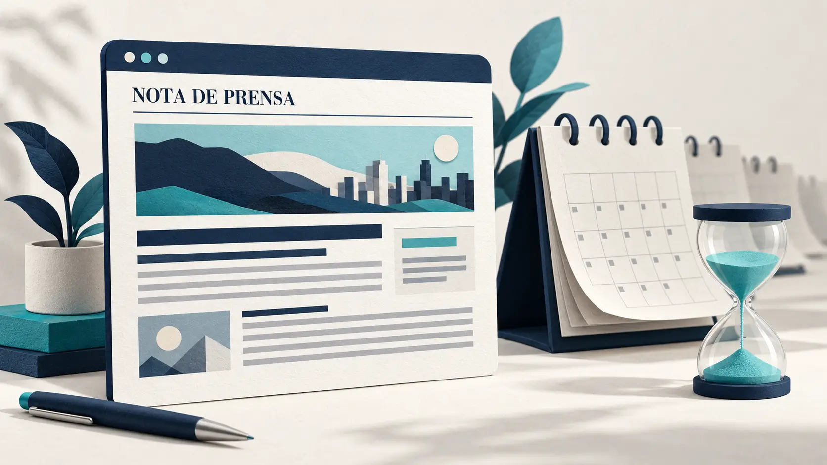 Una nota de prensa junto a un calendario y un reloj de arena