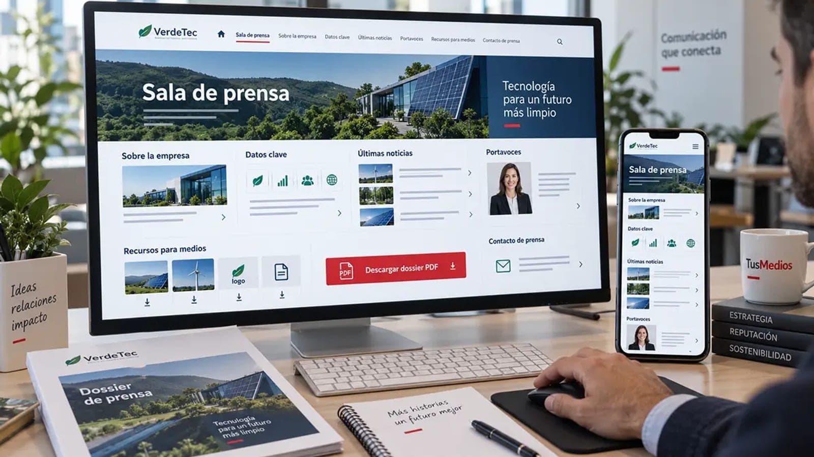 Sala de prensa corporativa con secciones de datos clave, portavoces y recursos para medios