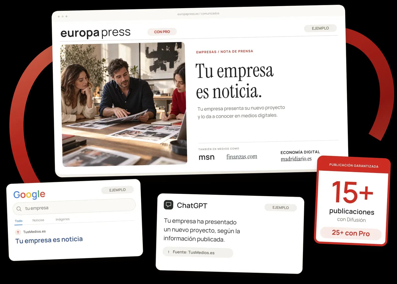 Ejemplo de una nota de prensa publicada en Europa Press y otros medios, con su aparición en Google y ChatGPT y 15+ publicaciones garantizadas