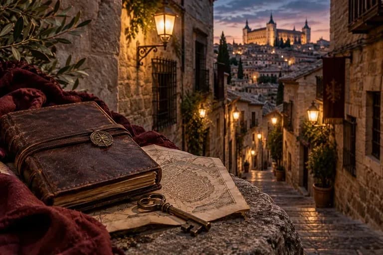 Imagen de ambientación de ficción: un libro antiguo, un mapa y una llave ante una vista evocadora de Toledo al anochecer.