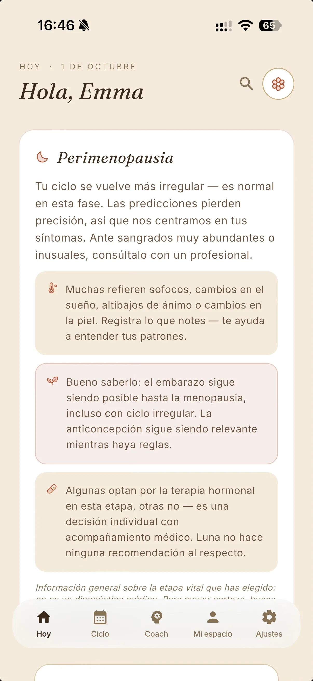 Pantalla de Luna App en español para la perimenopausia, con información sobre cambios del ciclo, sofocos, sueño y estado de ánimo