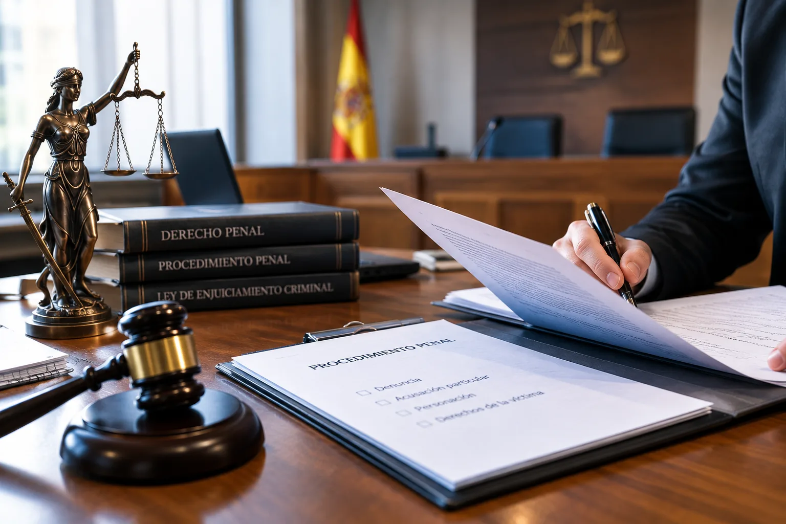 una sala de justicia o un expediente jurídico sobre una mesa, con una persona revisando documentación.