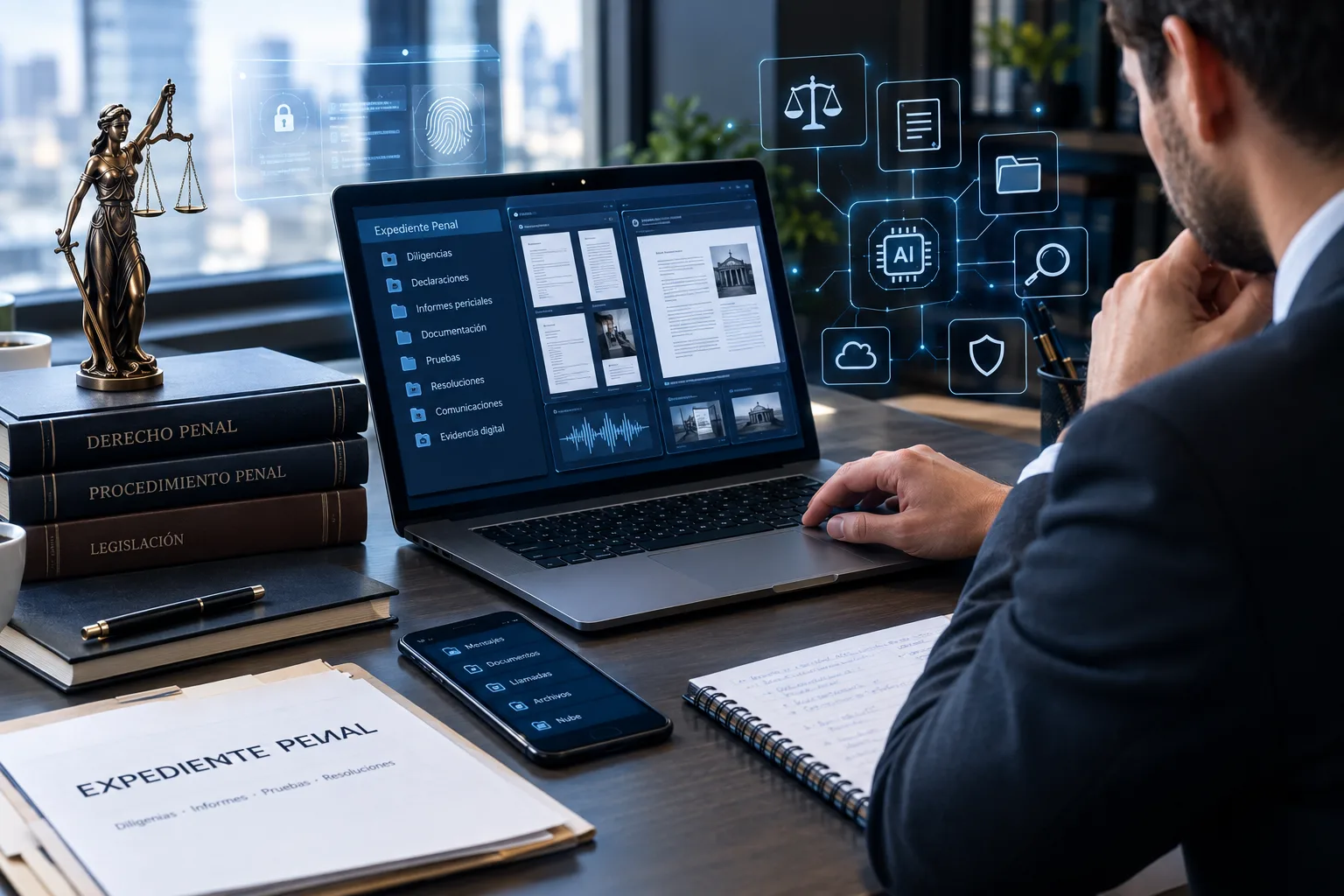 un profesional jurídico analizando un expediente penal digital en un ordenador, acompañado de documentación jurídica y elementos tecnológicos.