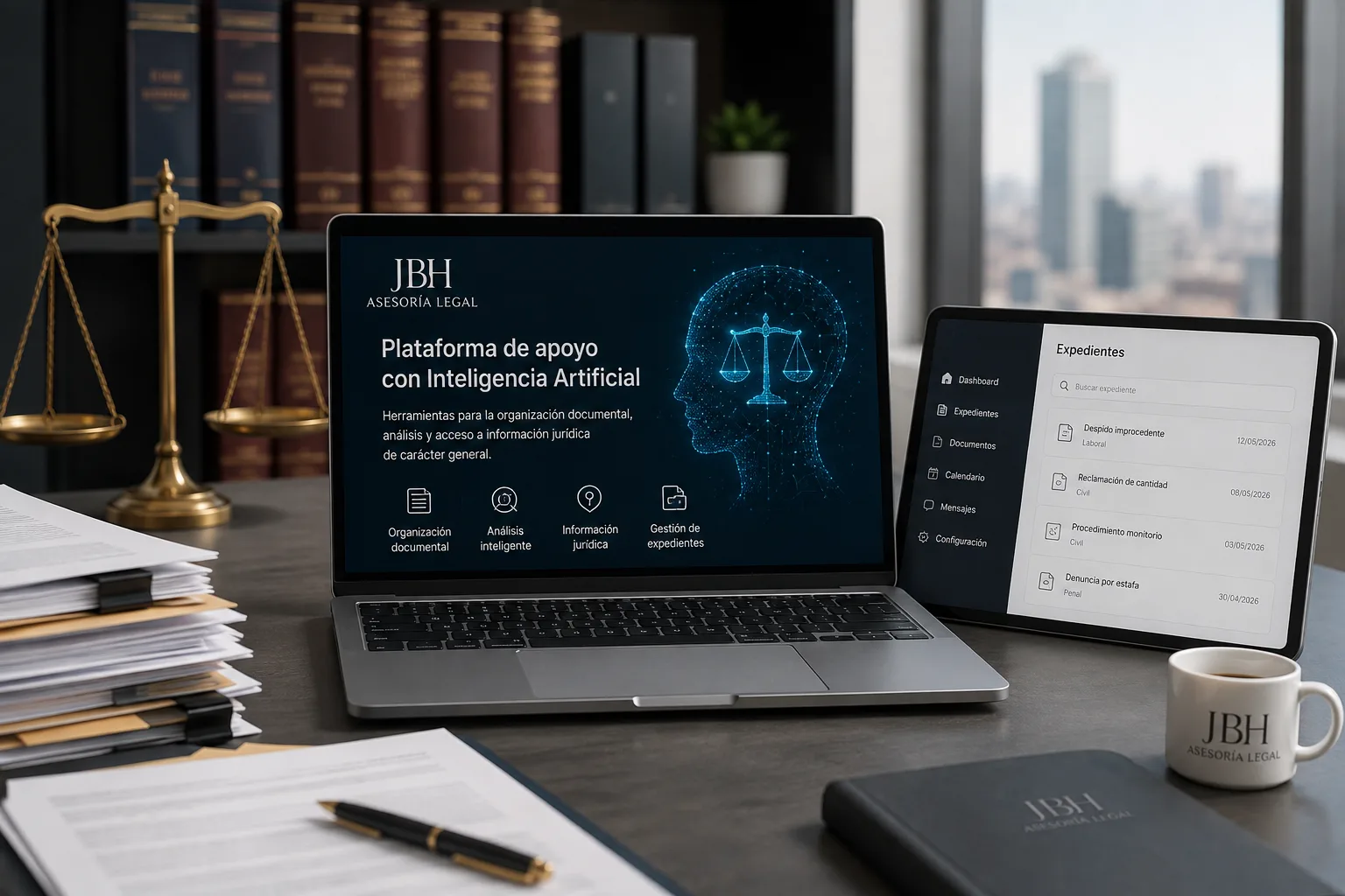 La imagen muestra un entorno de trabajo jurídico moderno y profesional donde la tecnología y la gestión documental son los protagonistas. En un despacho elegante aparecen un ordenador portátil y una t