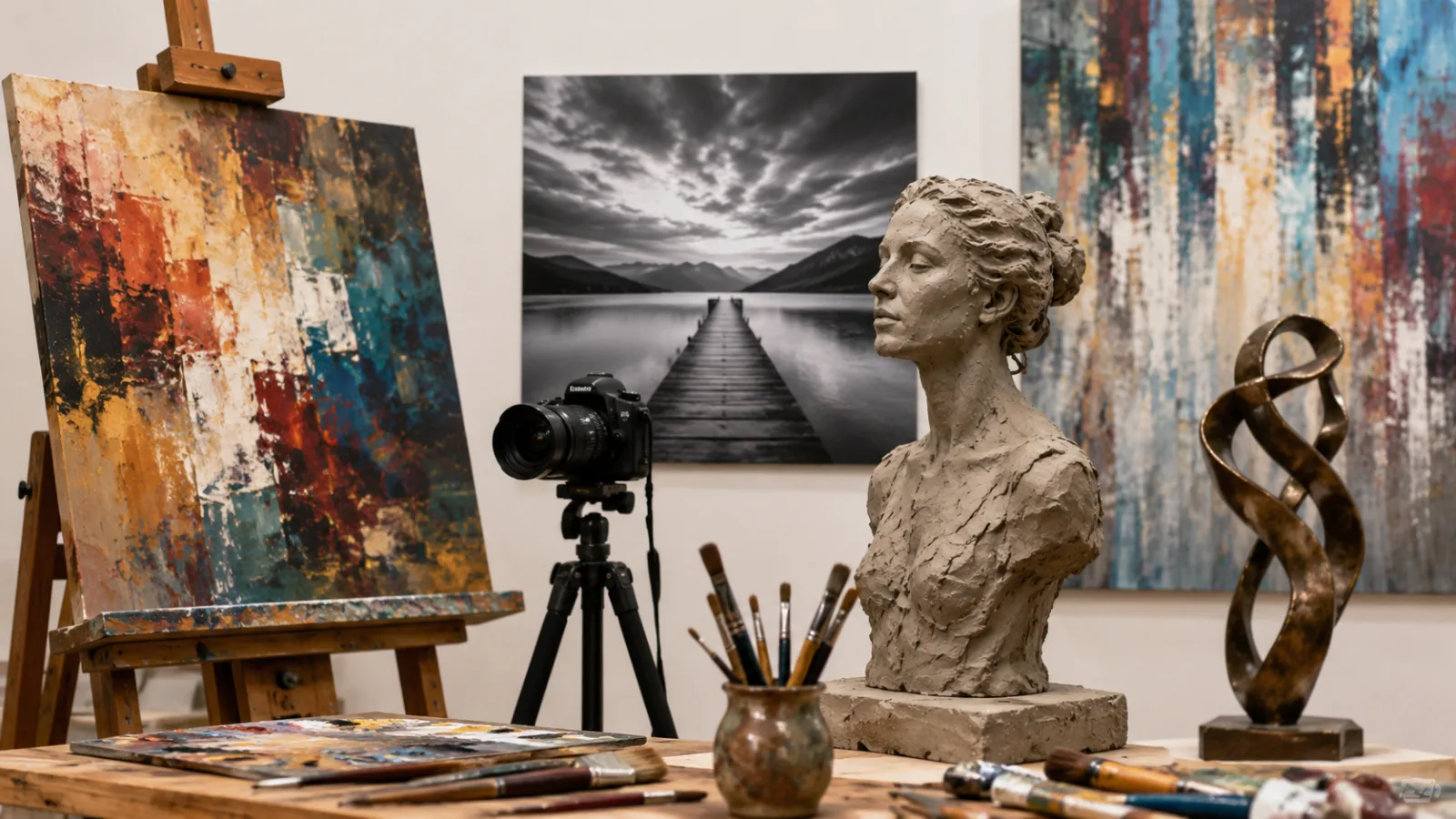 Cuadros, esculturas y fotografías.